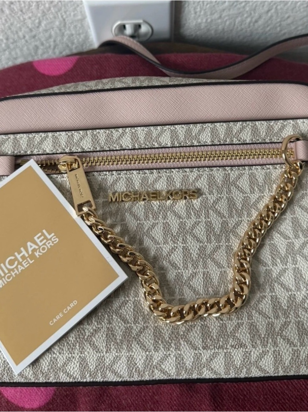 Michael Kors MK Logo Crossbody Bag Cream Blush Pink Gold Chain NWT